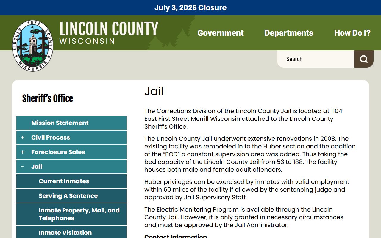 Lincoln County inmate population jail page with capacity and roster links