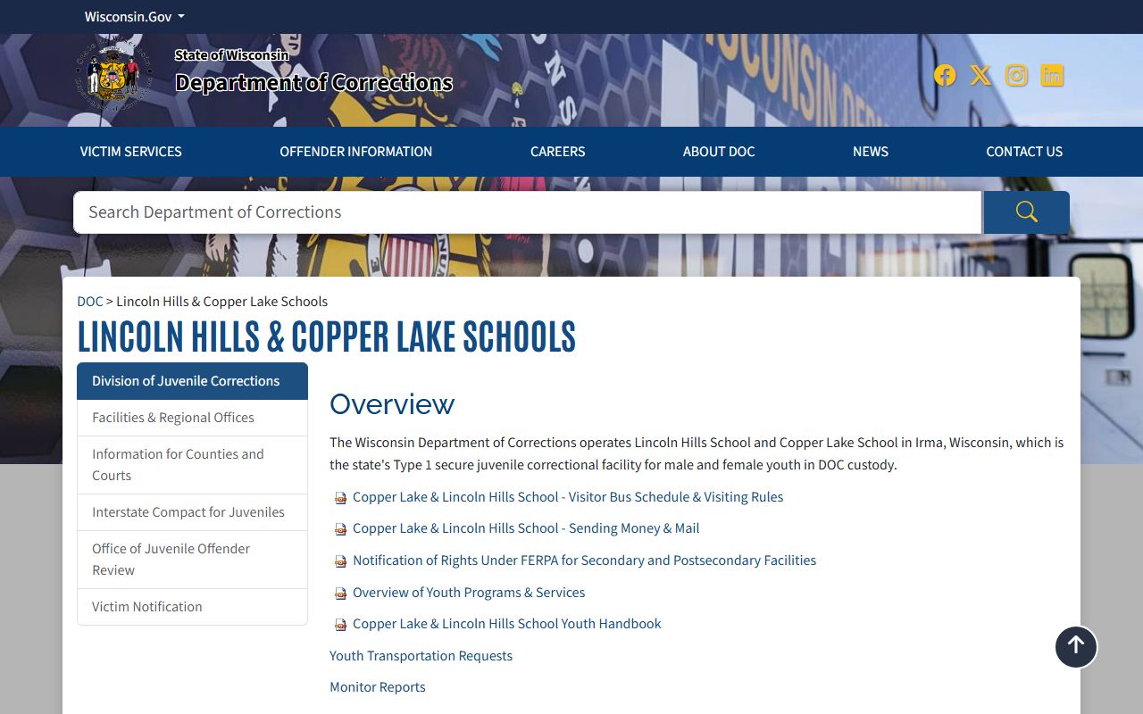 Copper Lake School juvenile DOC facility records page for Lincoln County