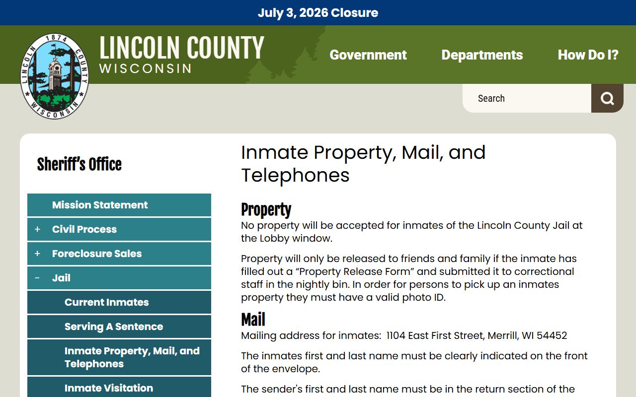 Lincoln County Jail inmate mail and Securus telephone rules