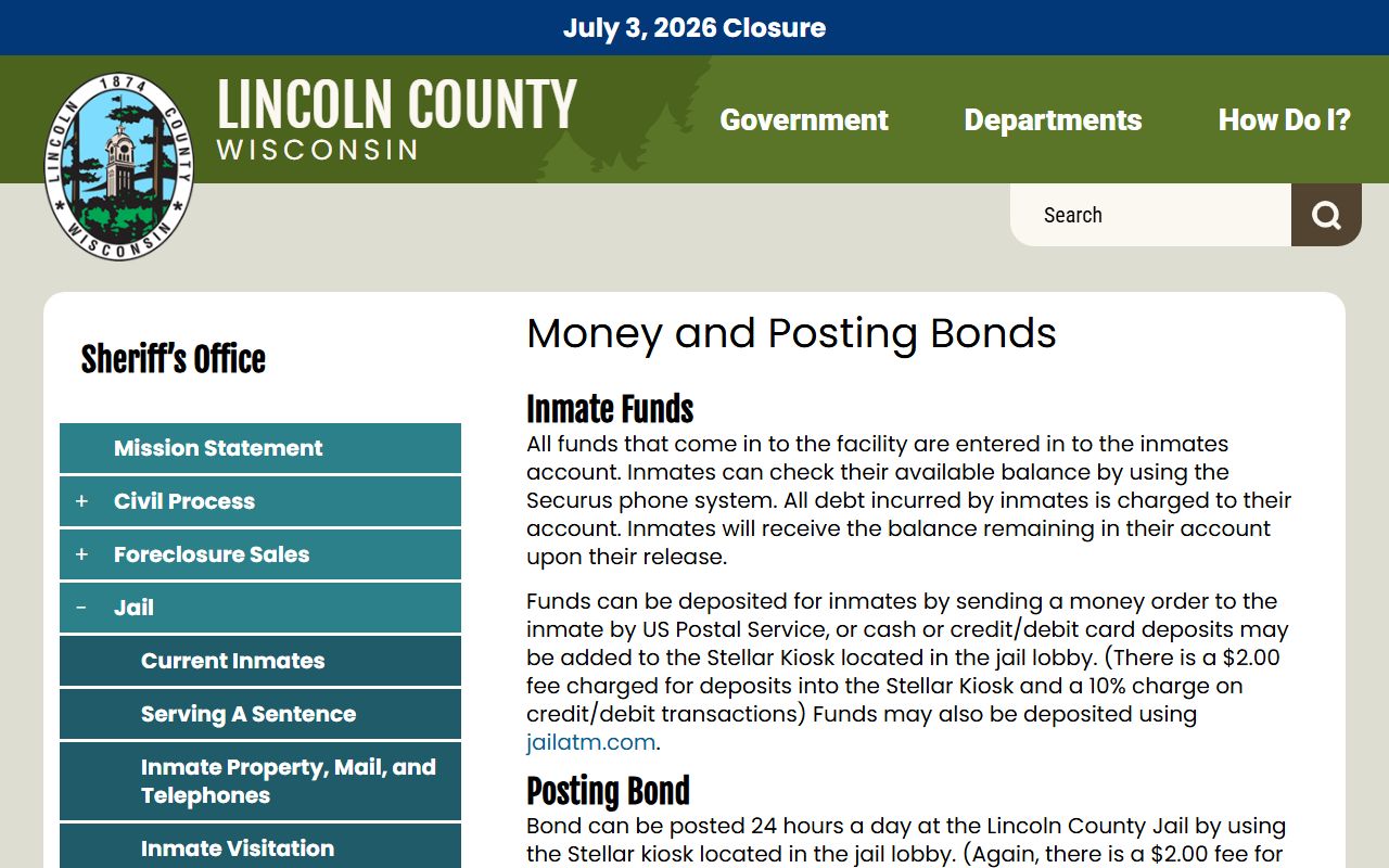 Lincoln County Jail inmate money deposit and bond posting rules