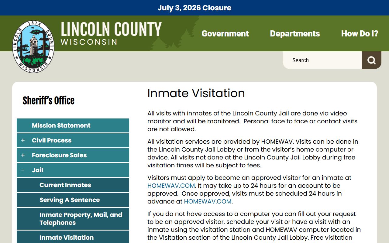 Lincoln County Jail HOMEWAV inmate visitation schedule and rules