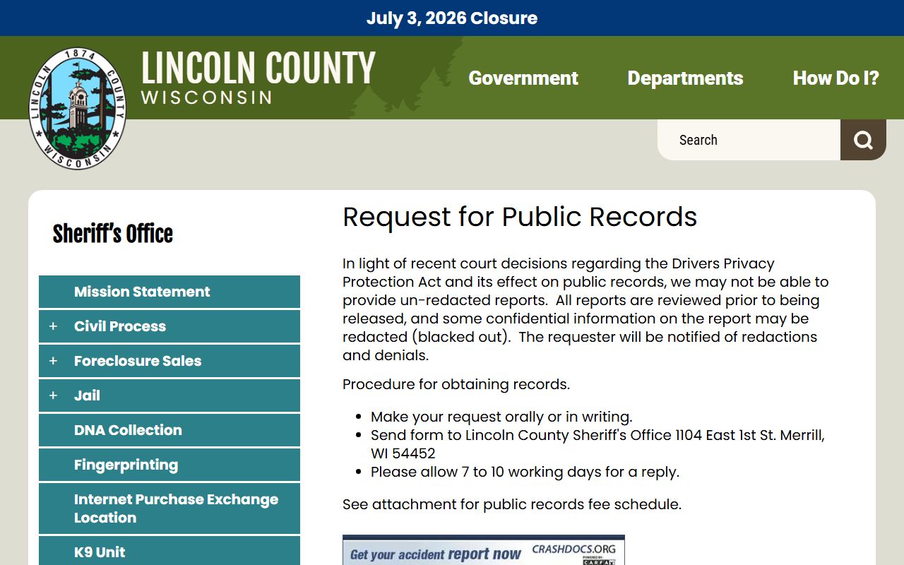 Lincoln County jail mugshots sheriff records request page